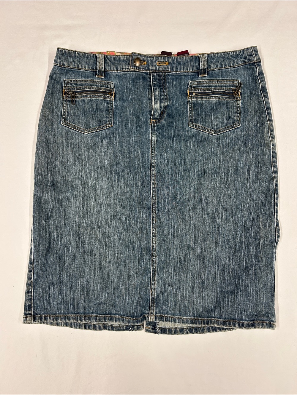 Jones Wear Jeans Y2K Denim Skirt Size 14 Medium Wash Zip Pocket Stretch